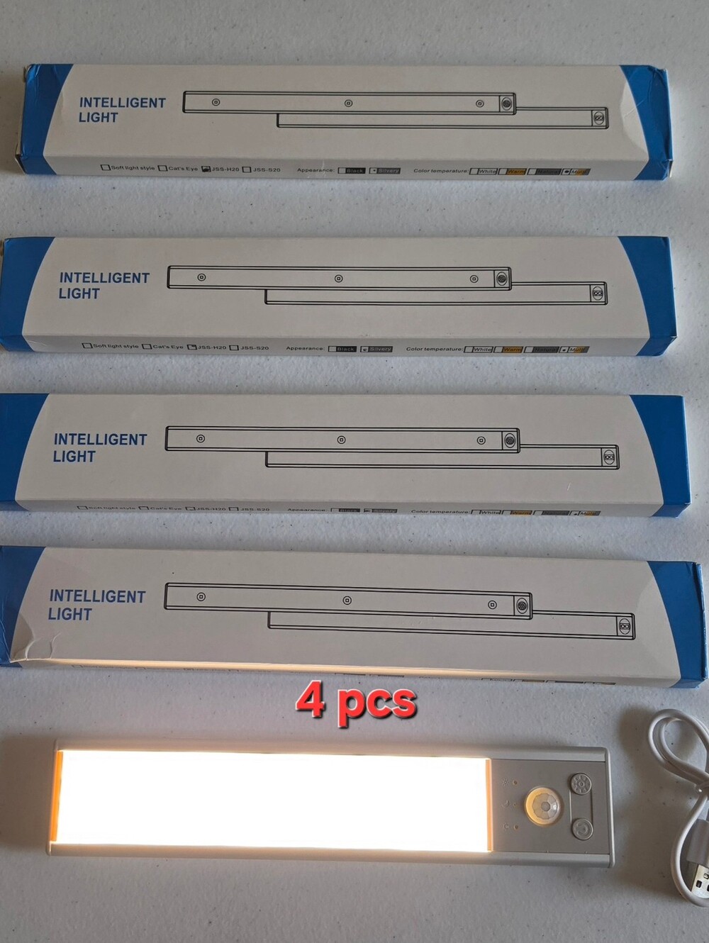 4 pack of rechargeable LED smart motion sensor under cabinet closet lights 8"